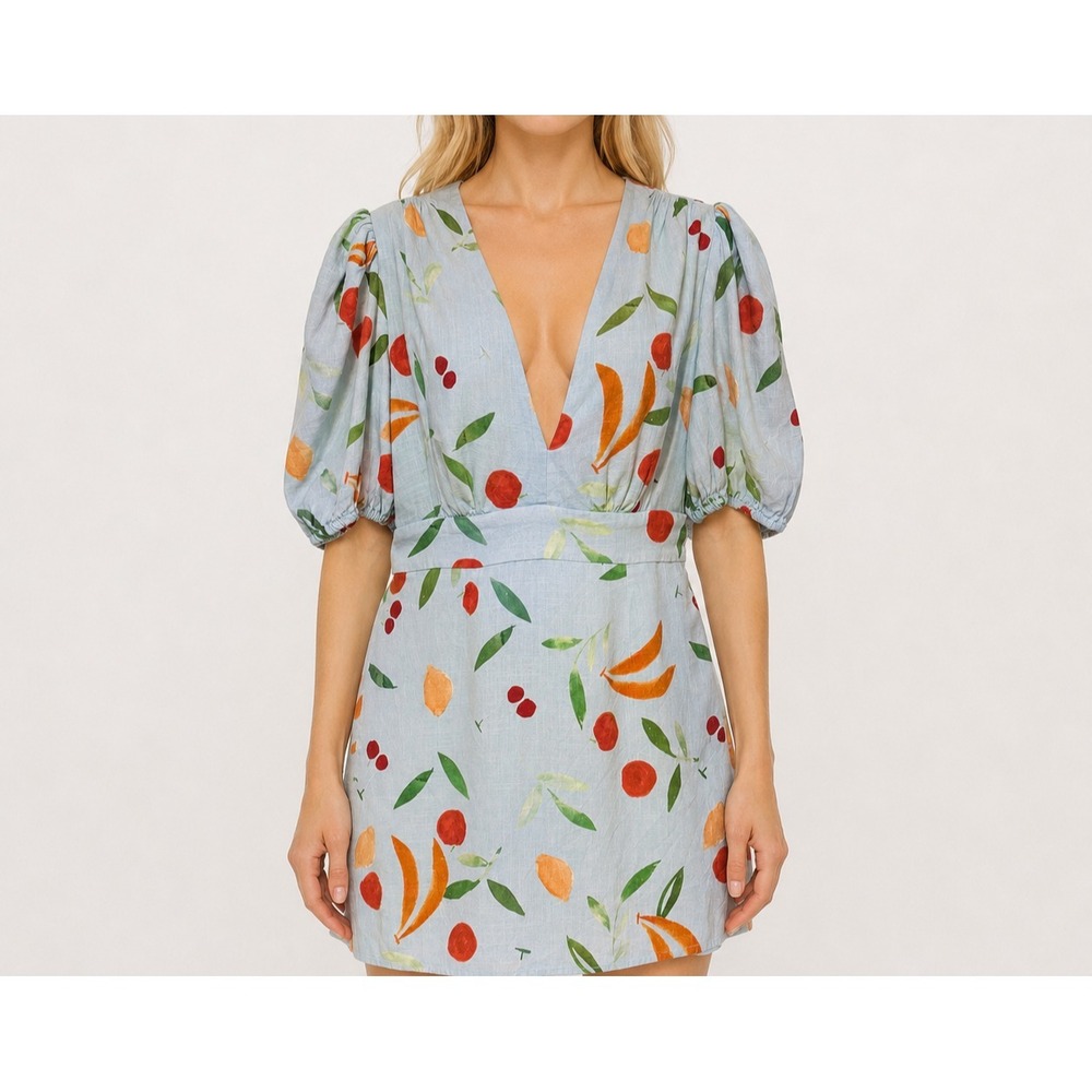 Finders Keepers Fruit Print Linen Blend Dress Puff Sleeve Blue Mini Dress Size 8
